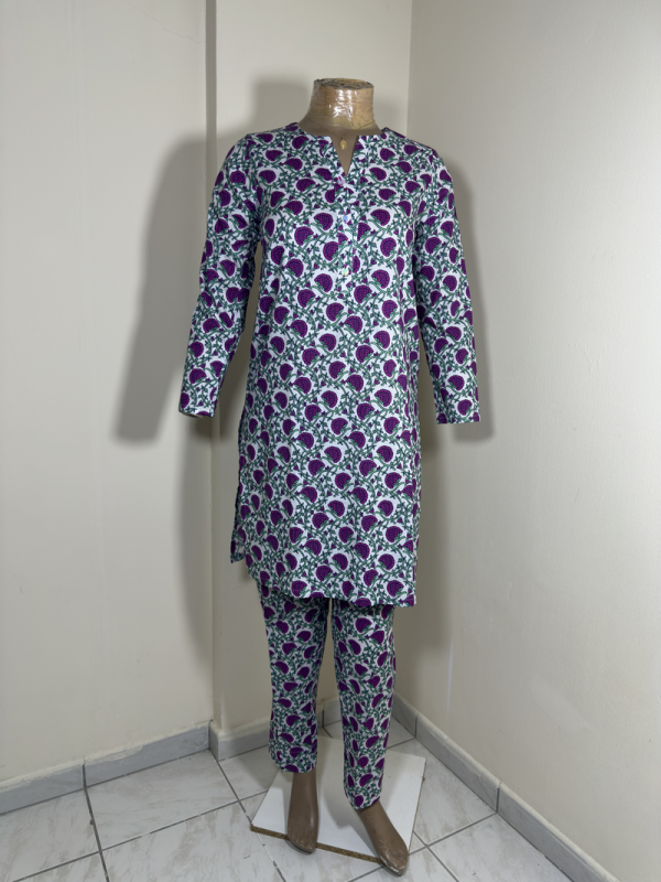 2-Piece Stitched Suit - White & Dark Pink Flowers - Shirt & Trousers - Image 2